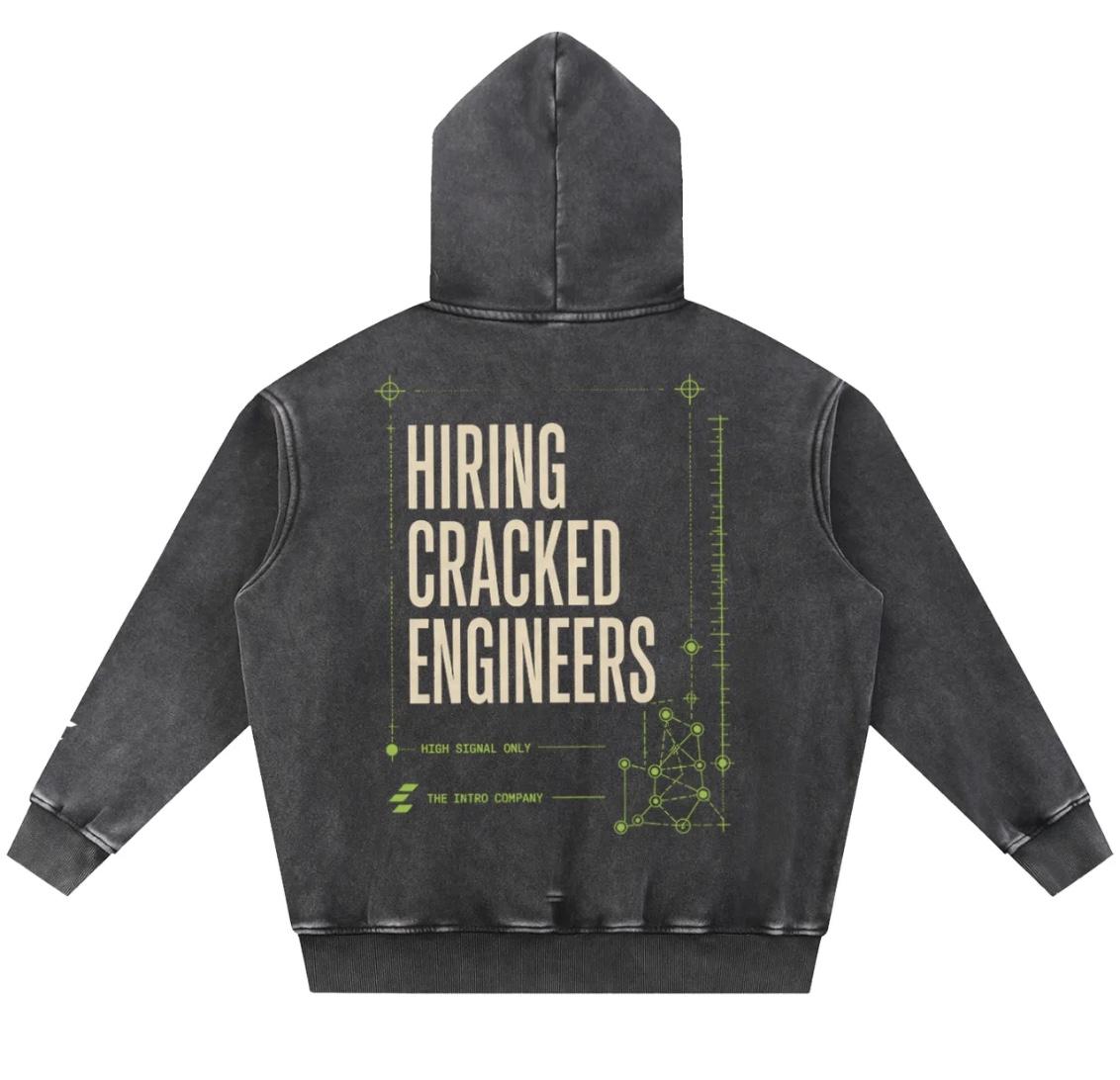 The back of the Clera hoodie, printed with Hiring Cracked Engineers